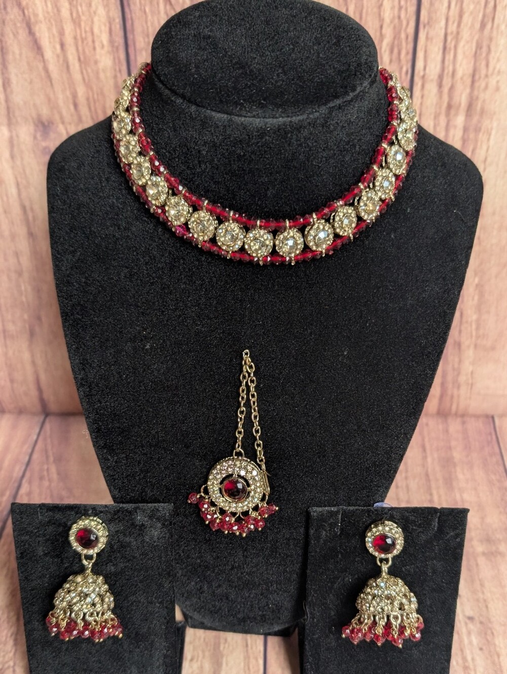 Burgundy Red and Gold Choker Necklace Set with Earrings and Maang Tikka